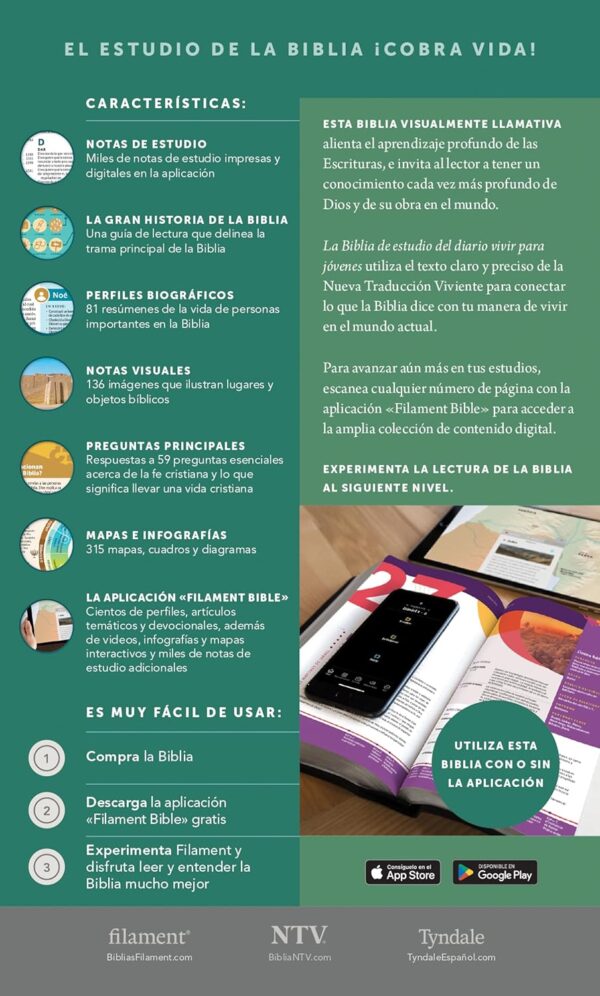 Biblia de estudio del diario vivir para jóvenes NTV con Filament (Tapa dura, Verde, Letra Roja)