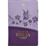 Biblia RVR1960 Tamaño manual, Letra Gigante 14 pts. Imit. piel Lila/lila con flores con cierre e índice
